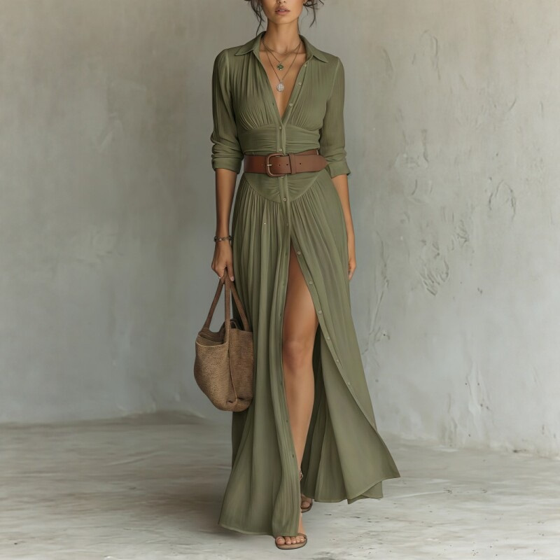 Women's European And American Collar Long-sleeved Shirt-style Dress Gathered High-waist Split Long-line Vacation Dress With Belt
