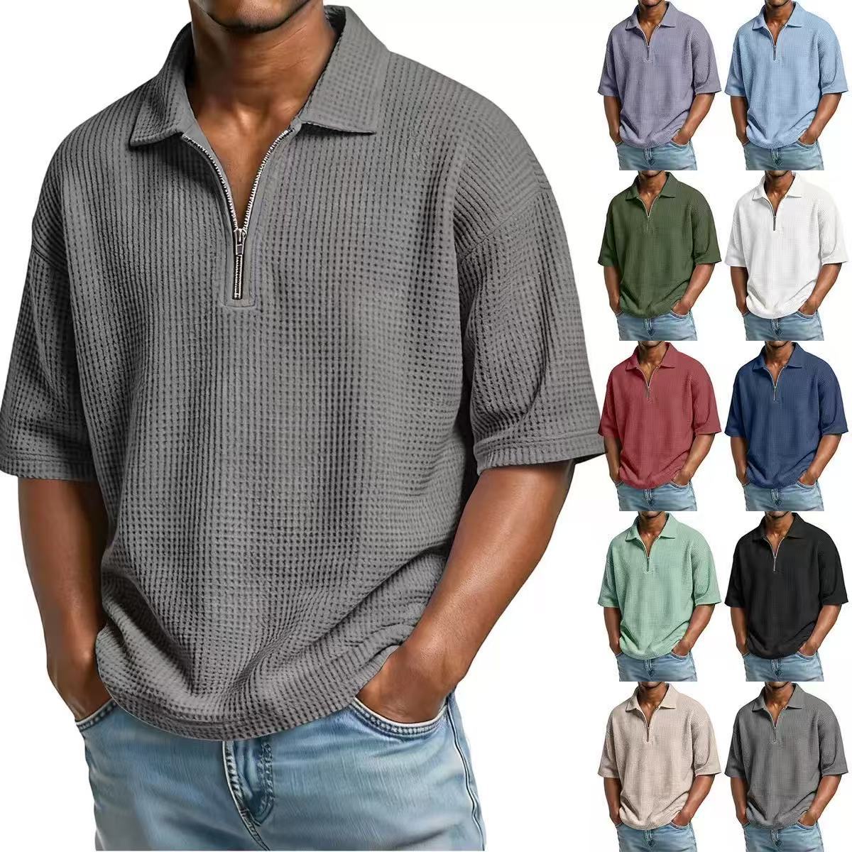 Cross-Border European And American Men's Summer Polo Shirt Waffle Solid Color Sports Casual Simple Short-Sleeved Men's T-Shirt