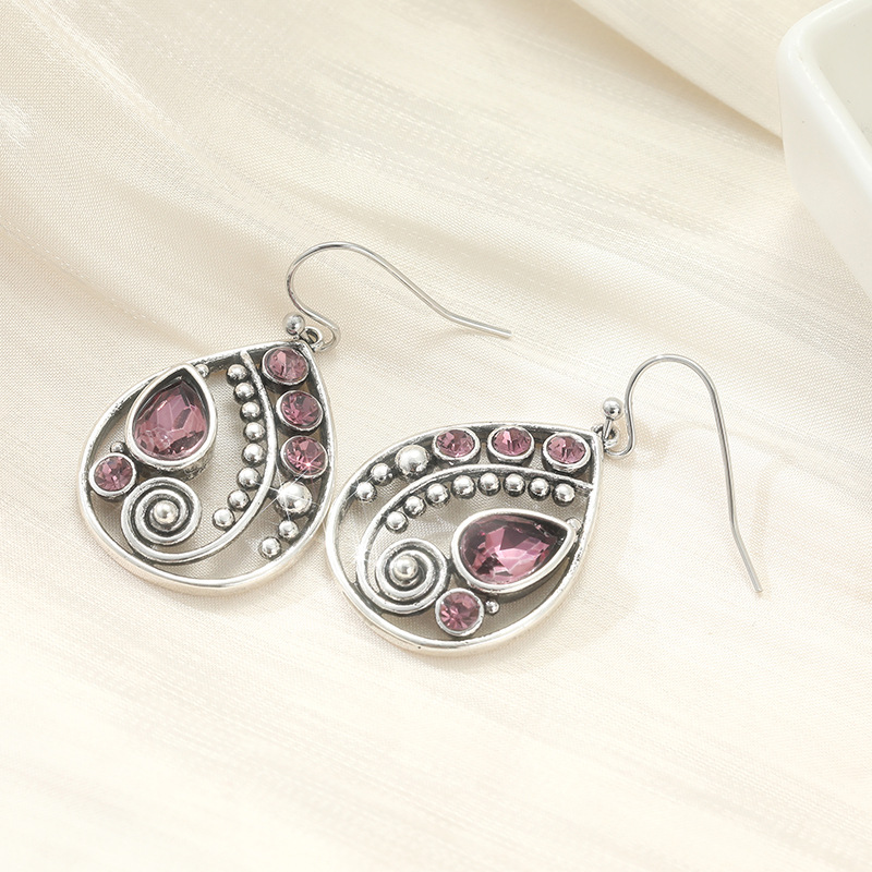 Vintage Purple Crystal Teardrop Earrings Silver Tone