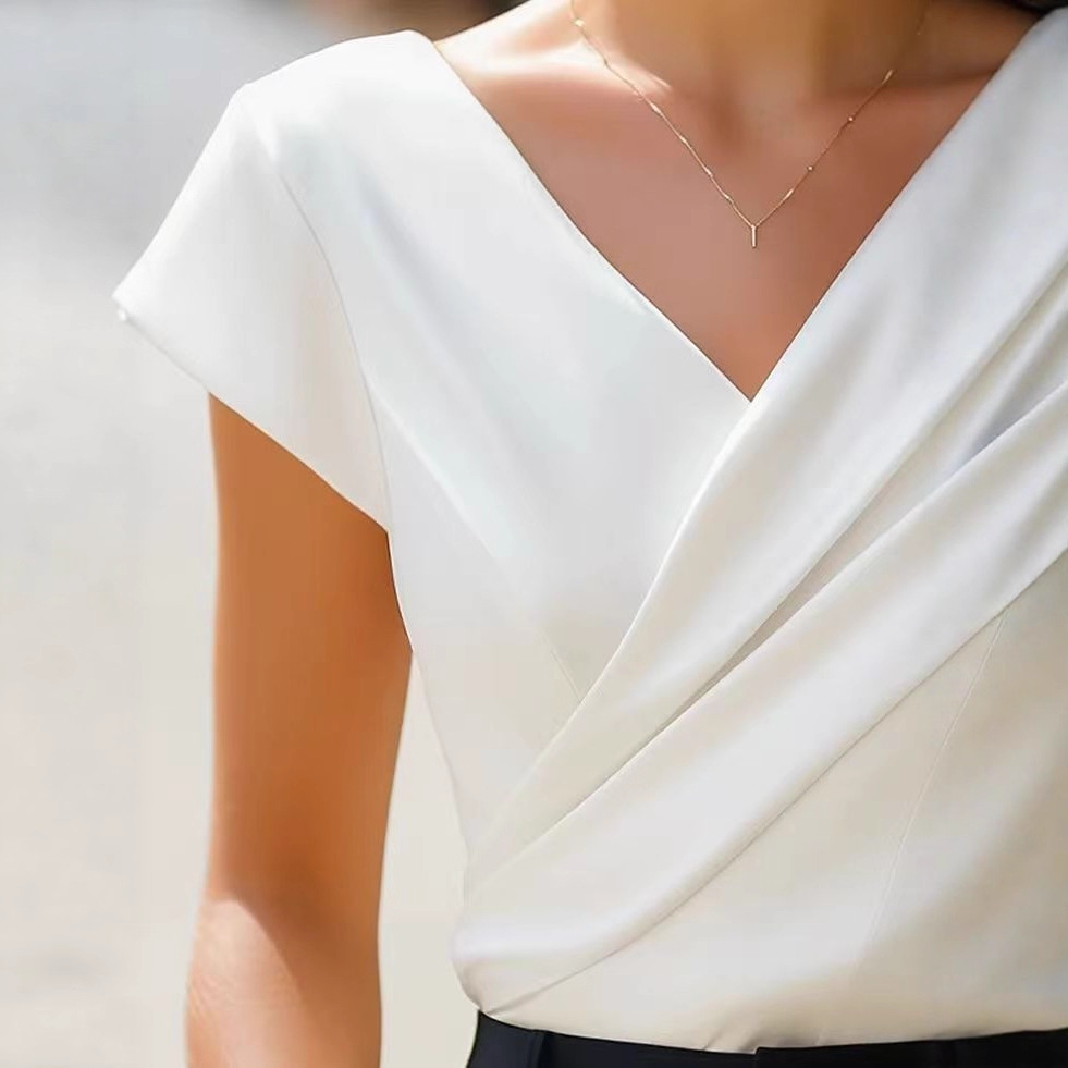 New Women's T-shirt 2026 - European Style, Elegant, Pure Color, V-neck, Short Sleeves, Form-fitting, Summer Women's Top — image 8 of 13