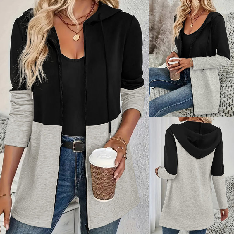 Women Color Block Zip Up Hooded Cardigan