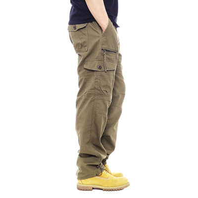 Men's Casual Cotton Work Pants With Elastic Waist, Large Size, Multi-Pocket, Loose Fit, Long Pants For Construction Site