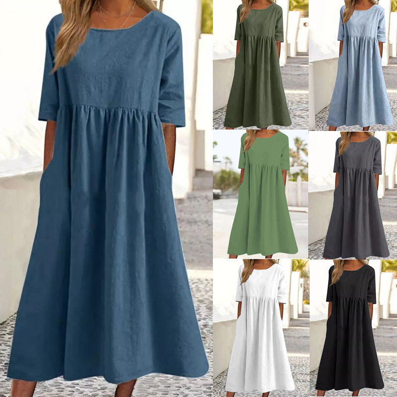 Summer Crew Neck Elbow Sleeve Plus Size Loose Solid Cotton Linen Maxi Dress For Women