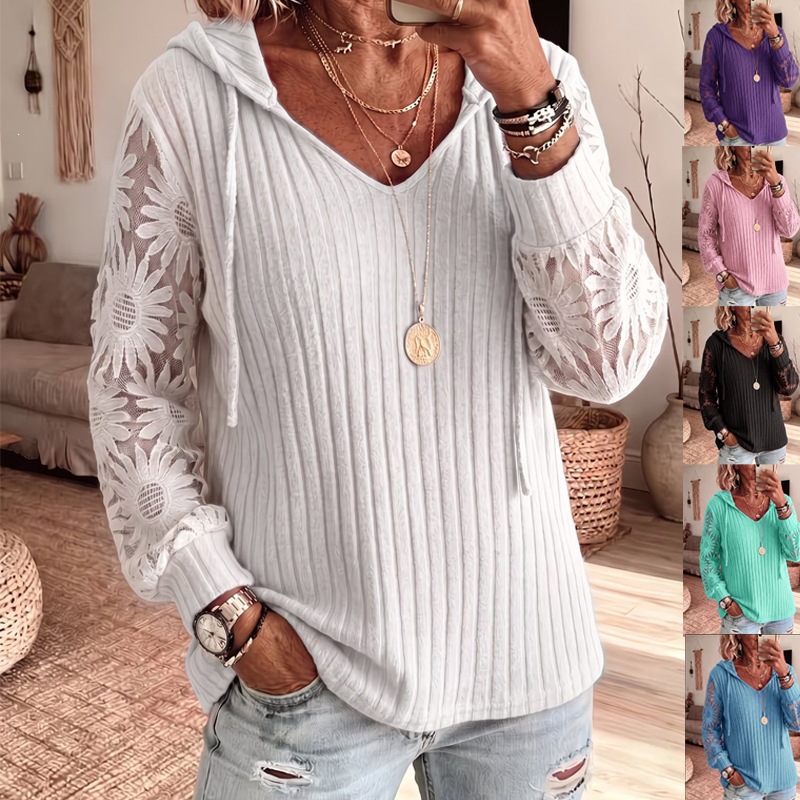 Women V Neck Hooded Sweatshirt Ribbed Knit