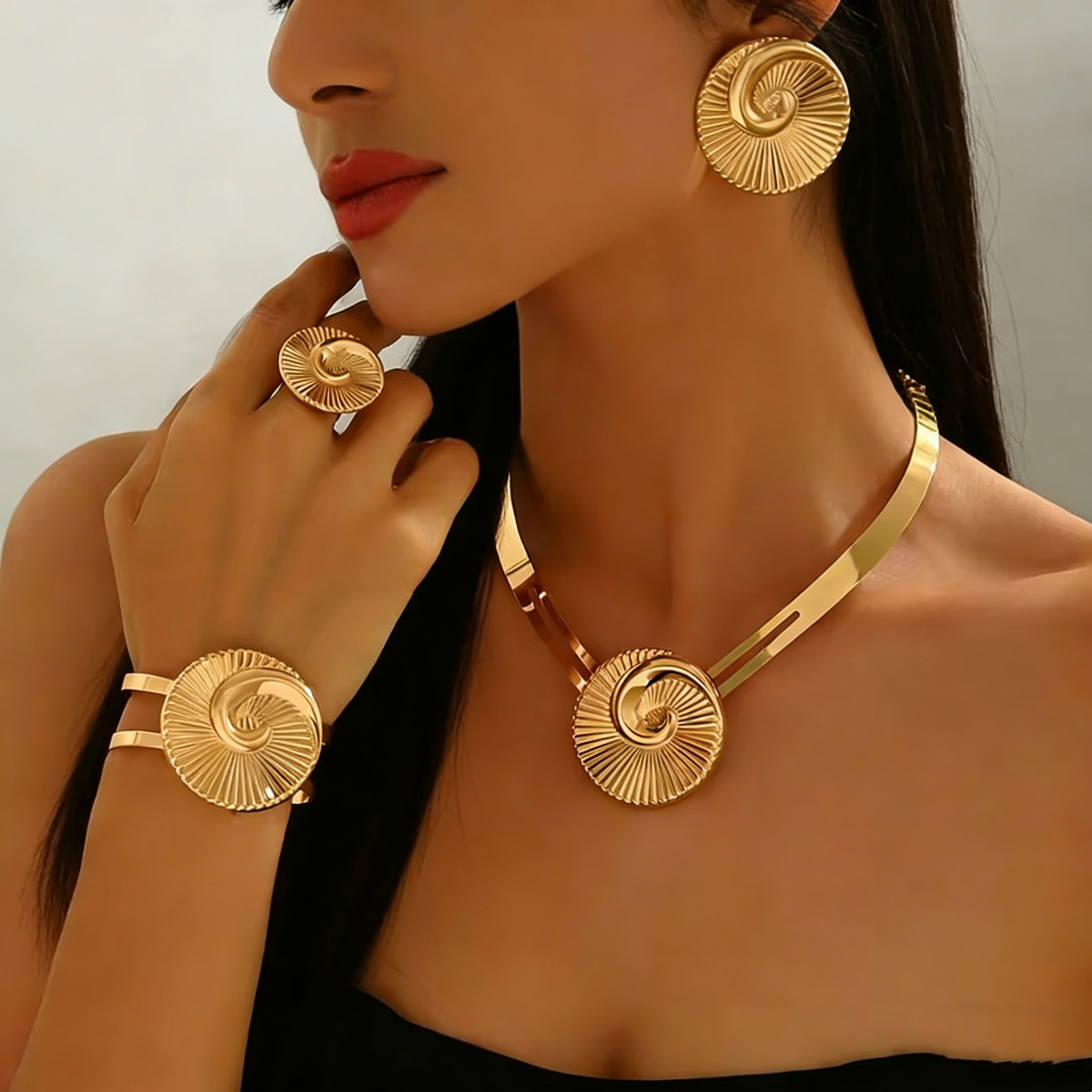 Cross-border European And American Accessories Exaggerated Spiral-shaped Earrings, Geometric Necklaces, Versatile High-end Rings, And Jewelry Sets