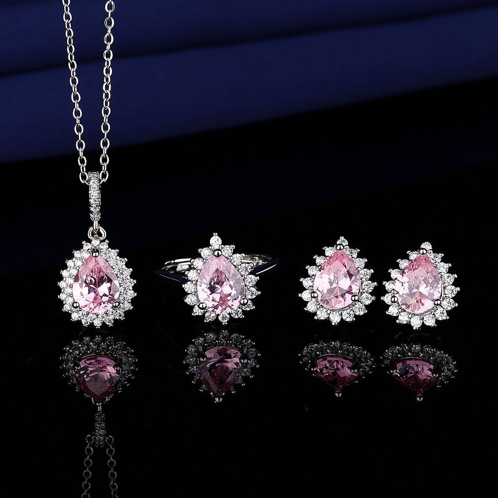 Amazon's Popular Drop-shaped Colorful Treasure Pink Crystal Set Live Broadcast Hot-selling Earrings Necklace Ring Three-piece Jewelry Set product image