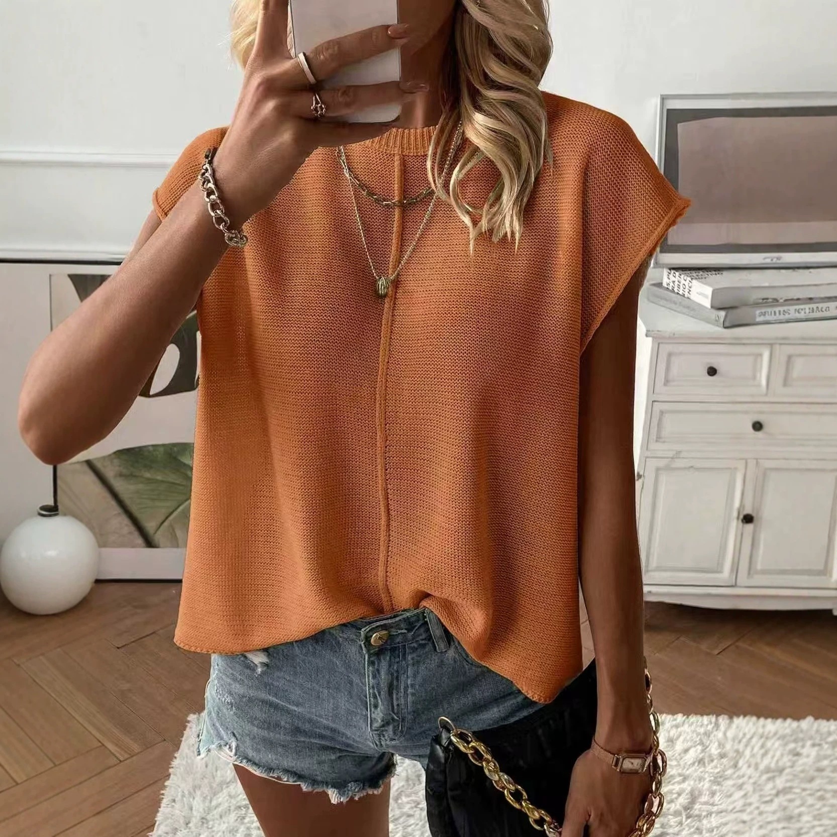 Amazon European And American Leisure Lazy-Style Oversized Knitted Top, Summer Loose All-Match Slimming Style Women's Top