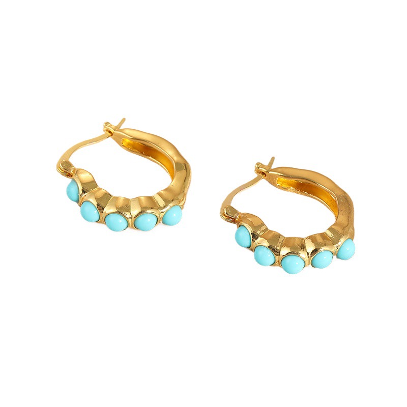 Vintage Turquoise Color Stone Hoop Earrings Gold Tone Brass Women Daily Party Fashion Jewelry Elegant