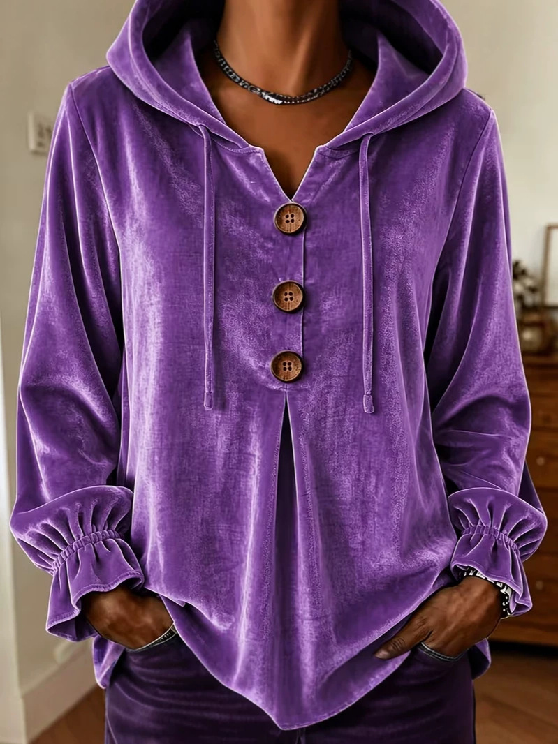 2026 Women Casual Button Drawstring Hoodie, European American Style Long Sleeve Top product image