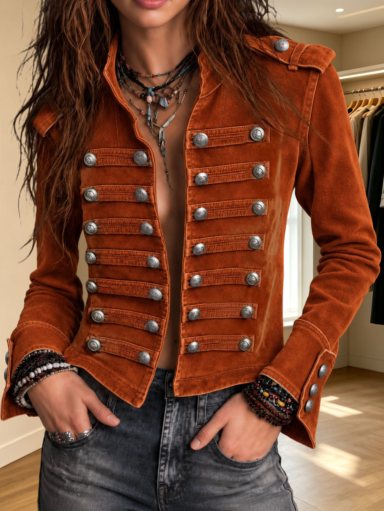 Women Military Style Denim Jacket, Stand Collar Double Breasted Metal Button Cropped Long Sleeve Vintage Outerwear Coat