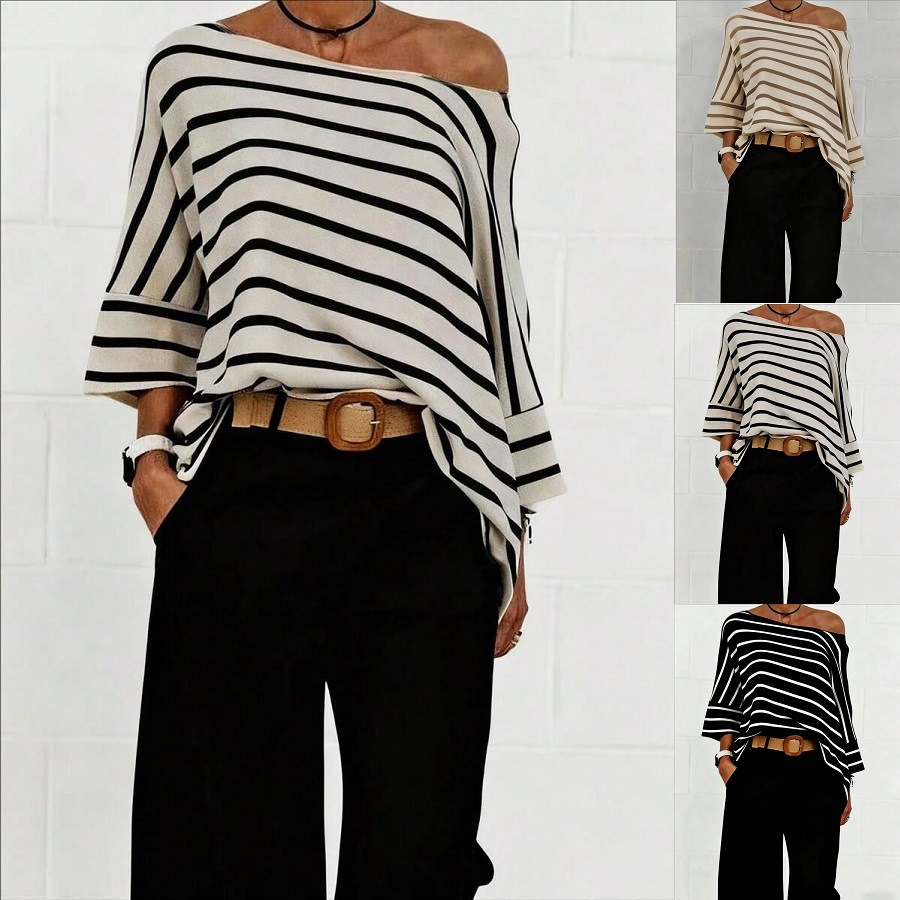 Cross-Border European And American Women's Clothing Amazon Autumn New Casual Striped Bat Sleeve Asymmetrical Neckline T-Shirt