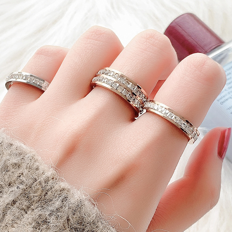 Hot Stainless Steel Single And Double Rows Full Diamond Titanium Steel Couple Rings For Women With Small Square Diamonds Personalized Simple Card Plus Titanium Steel Rings product image