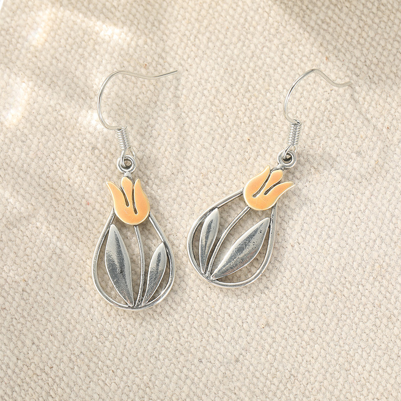 Vintage Tulip Leaf Drop Earrings Silver Gold