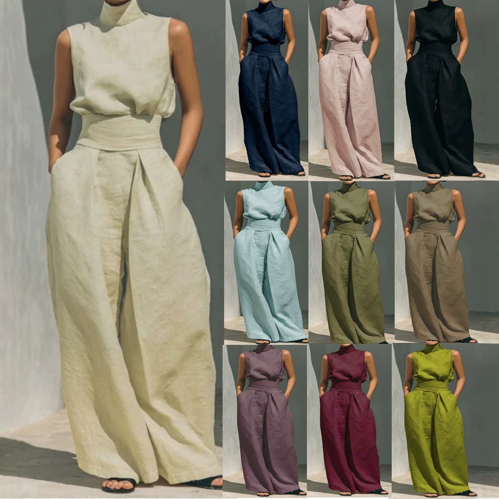 New Spring And Summer Stock Cross-border Export Women's Fashion Independent Website Cotton Linen Sleeveless Long Pants Leisure Set For Women