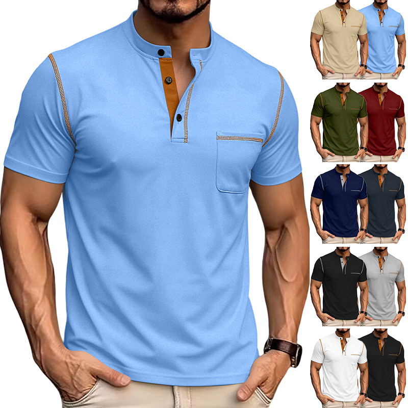Cross Border Men's Henley Collar Stitched Top, Amazon Summer Solid Color Half Placket Casual Breathable Sports T Shirt For Men
