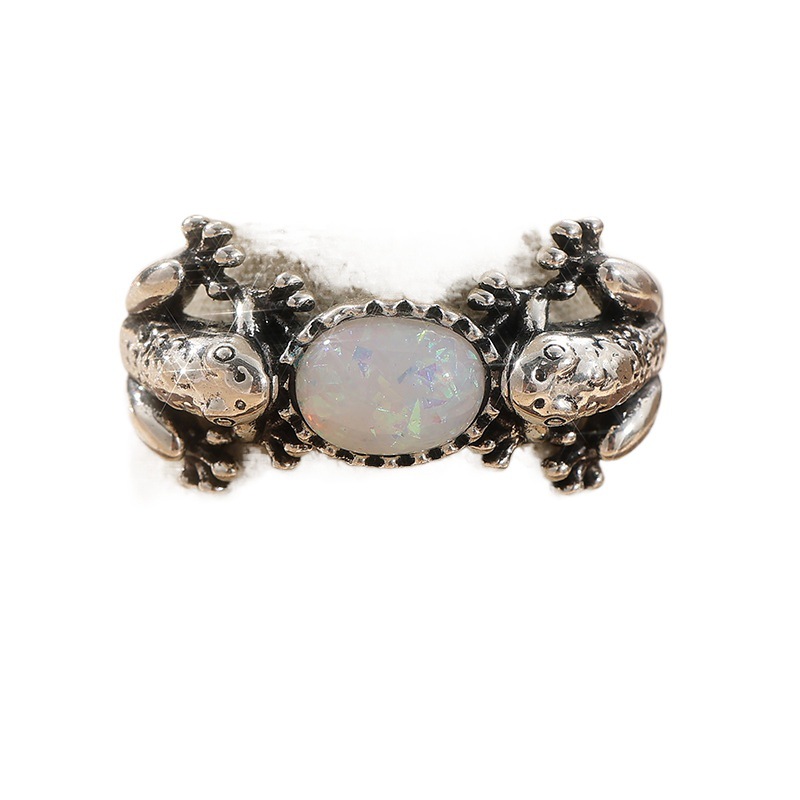 Vintage Frog Iridescent Stone Ring Silver Tone Brass Women Animal Statement Party Fashion Jewelry Artistic 6