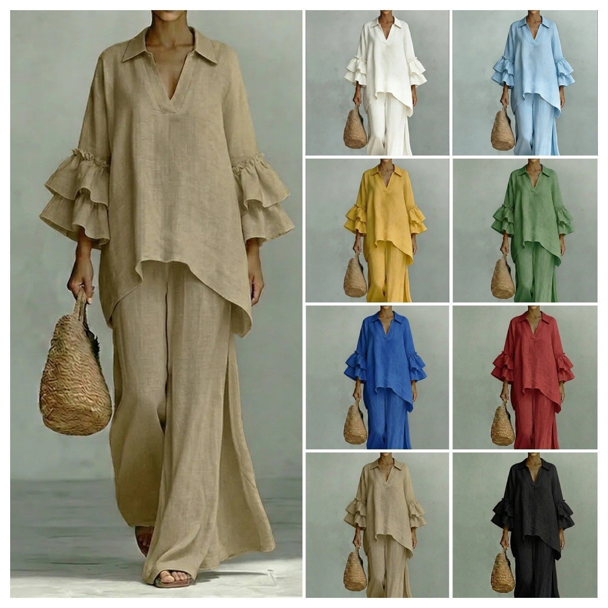 Women Casual Matching Set Lapel V Neck Ruffle 3 4 Sleeve Irregular Tops Wide Leg Long Pants 2 Piece Tracksuit Outfits