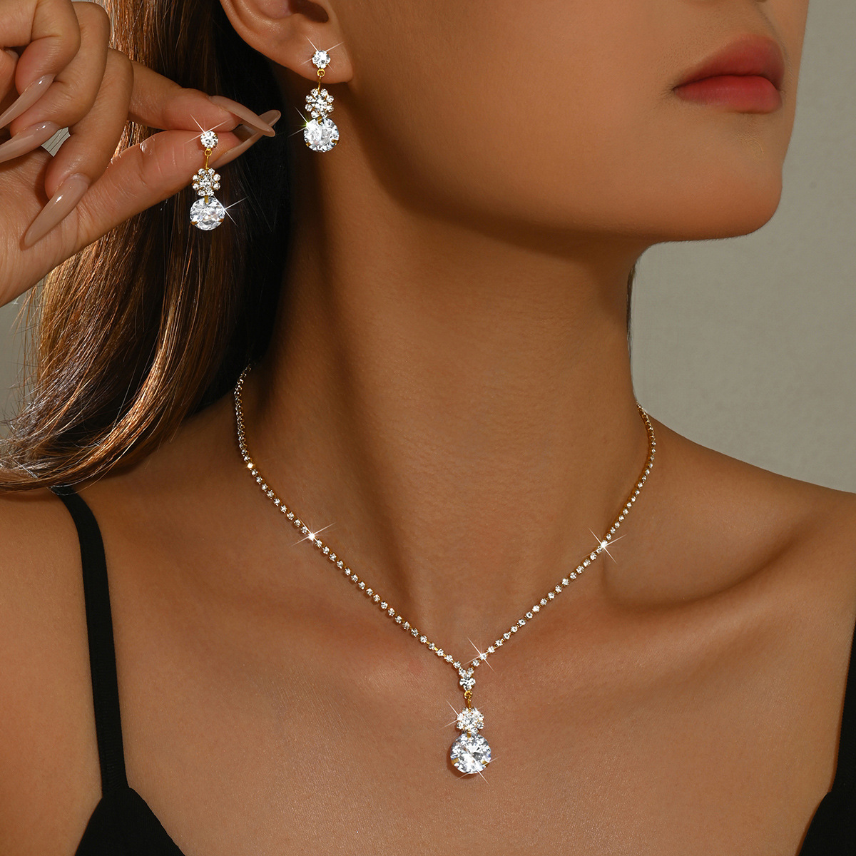 Set de bijuterii simplu pentru femei, format din 2 piese, cu zirconiu cubic rotund: colier și cercei, accesorii de modă pentru uz zilnic, petreceri și ocazii