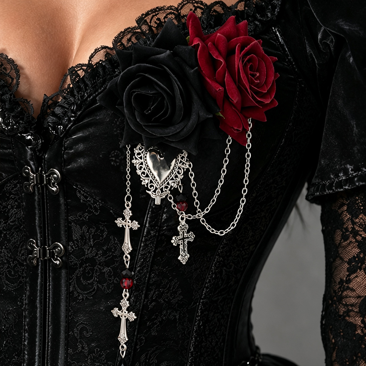Gothic Dark Vintage Velvet Rose Brooch Pin With Antique Cross Pendant 5