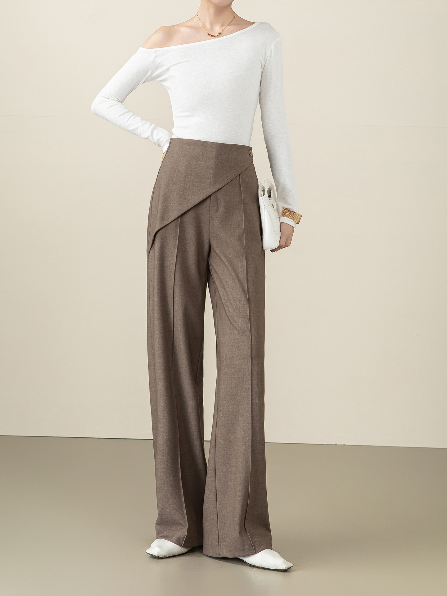 Asymmetrical Wrap Waist Front-Seam Flared Suit Pants