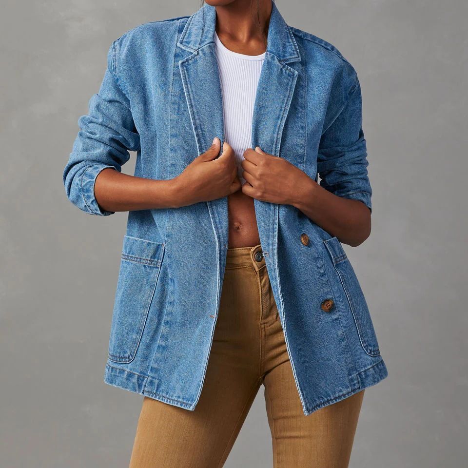 Cross-border Exclusive Vintage Denim Blazer For Women, Double-breasted Large Pocket Jacket, New Spring And Autumn Casual Suit Jacket product image