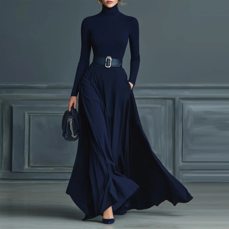 Independent Station 2025 European And American Autumn And Winter Women's Long-Sleeved Pure Color Waist Slimming Look High-Neck Dress With Large Hem Long Skirt