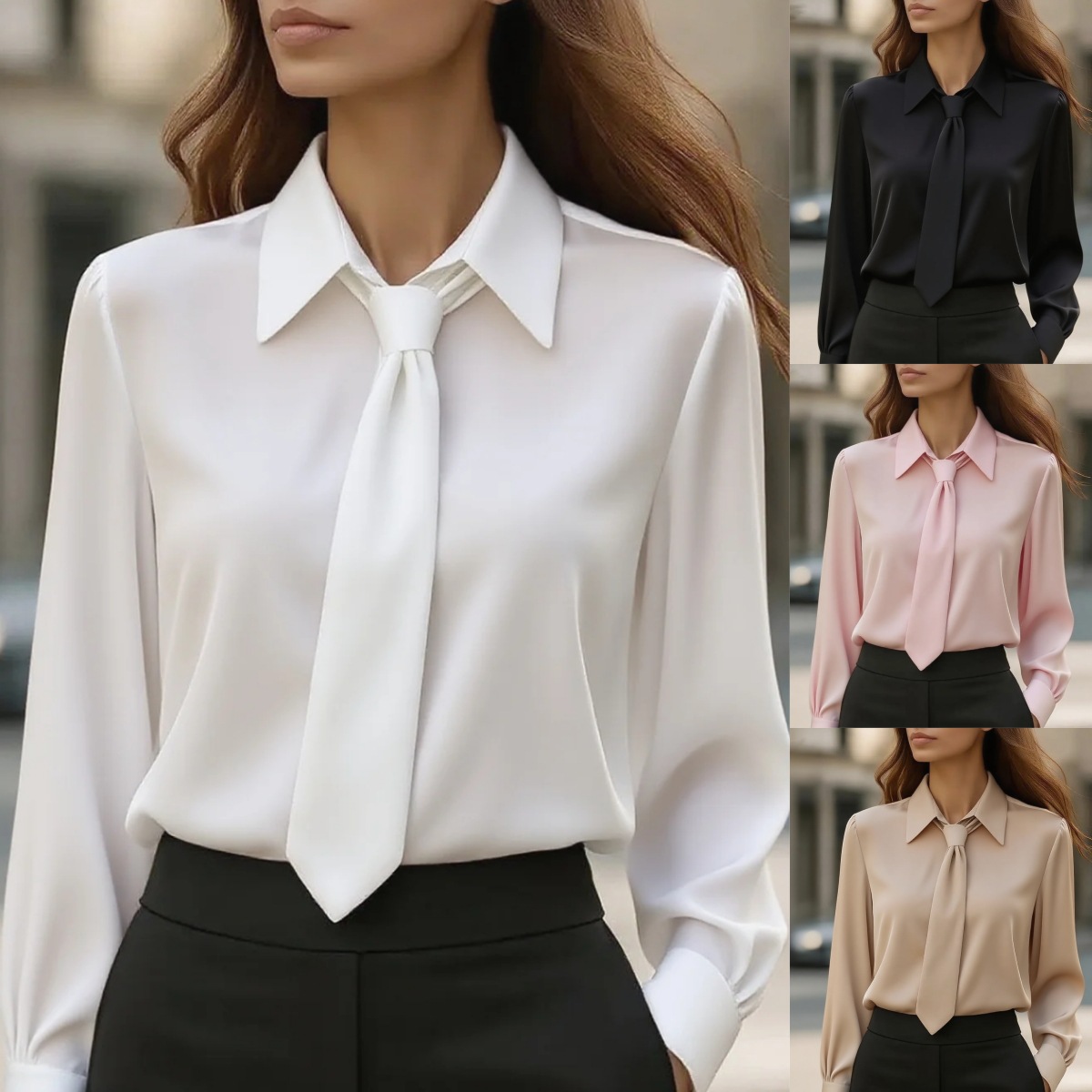 Amazon European And American Cross-Border New Style Autumn Solid Color Casual Tie Long-Sleeved French Shirt Women's Blouse