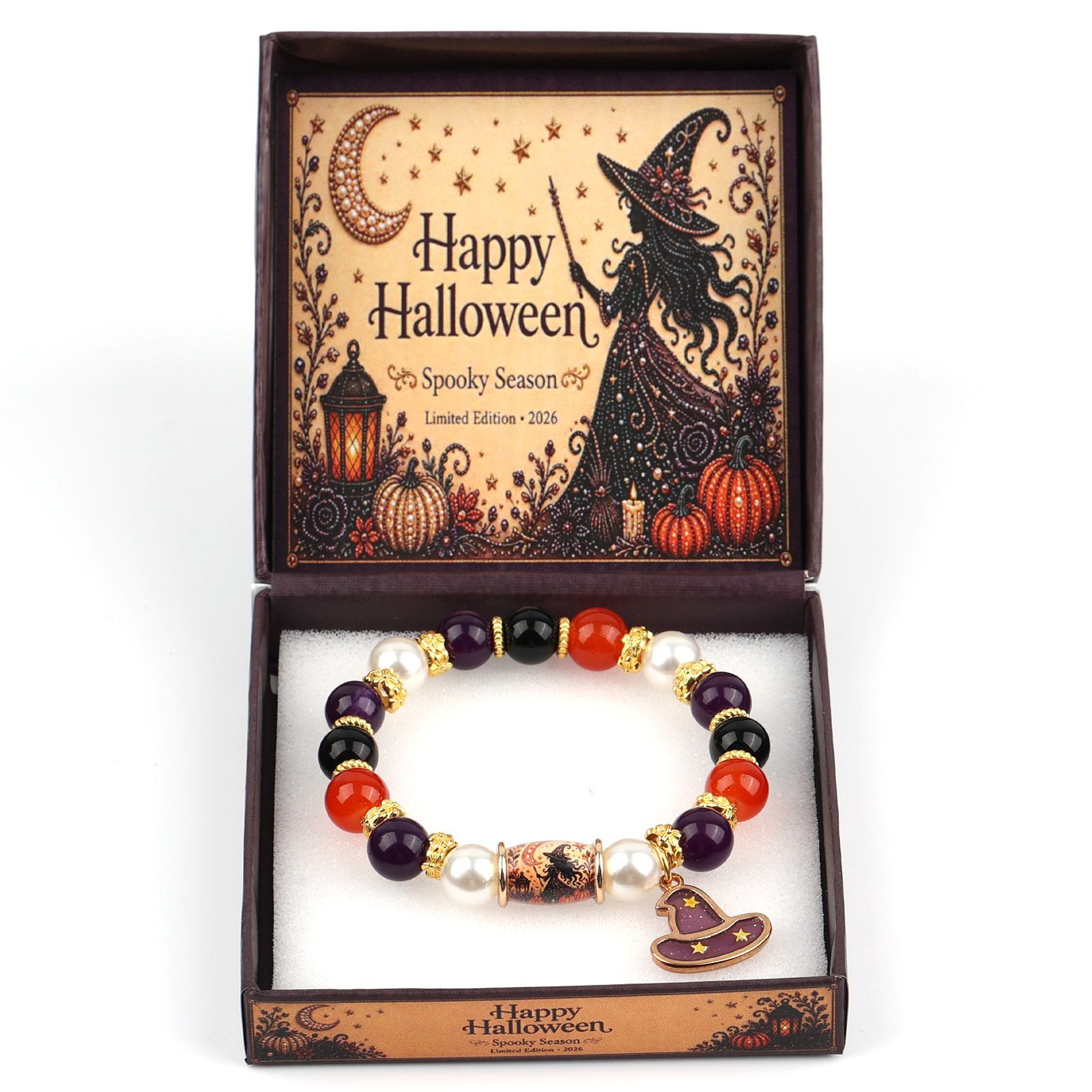 Halloween Crystal Bracelet With Metal Tube Purple Witch Hat Moon Ghost Pumpkin Charm Beaded Wristband Holiday Style Jewelry Gift