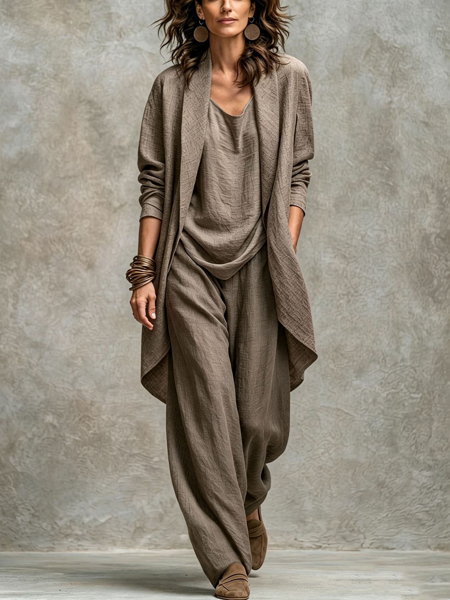 European And American Style Loose-fitting Solid Color Three-piece Casual Outfit With Long-sleeve Cardigan Jacket, Top, And Wide-leg Pants product image
