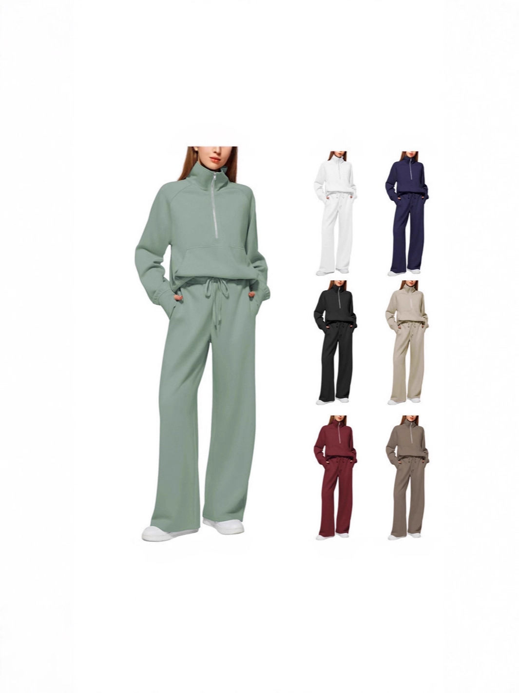 2025 European And American Cross-Border Autumn And Winter New Women's Two-Piece Oversized Half-Zip Sweatshirt Wide-Leg Casual Pants Suit
