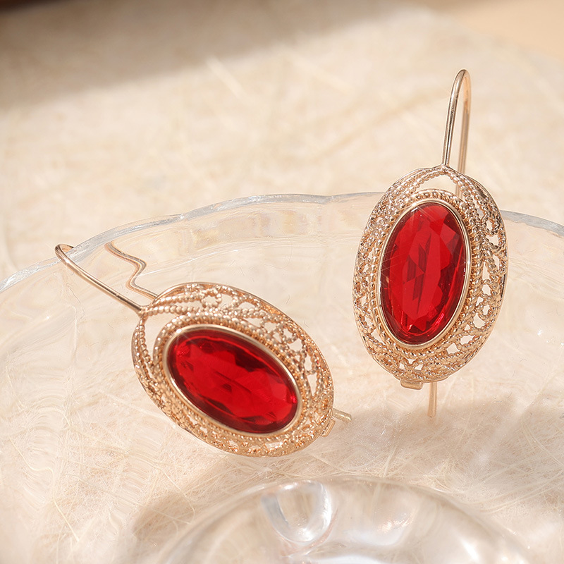 Cercei Vintage Pietre Oval Roșu Aur Ton Alamă Femei Petrecere Elegantă Bijuterii La Modă Ornate