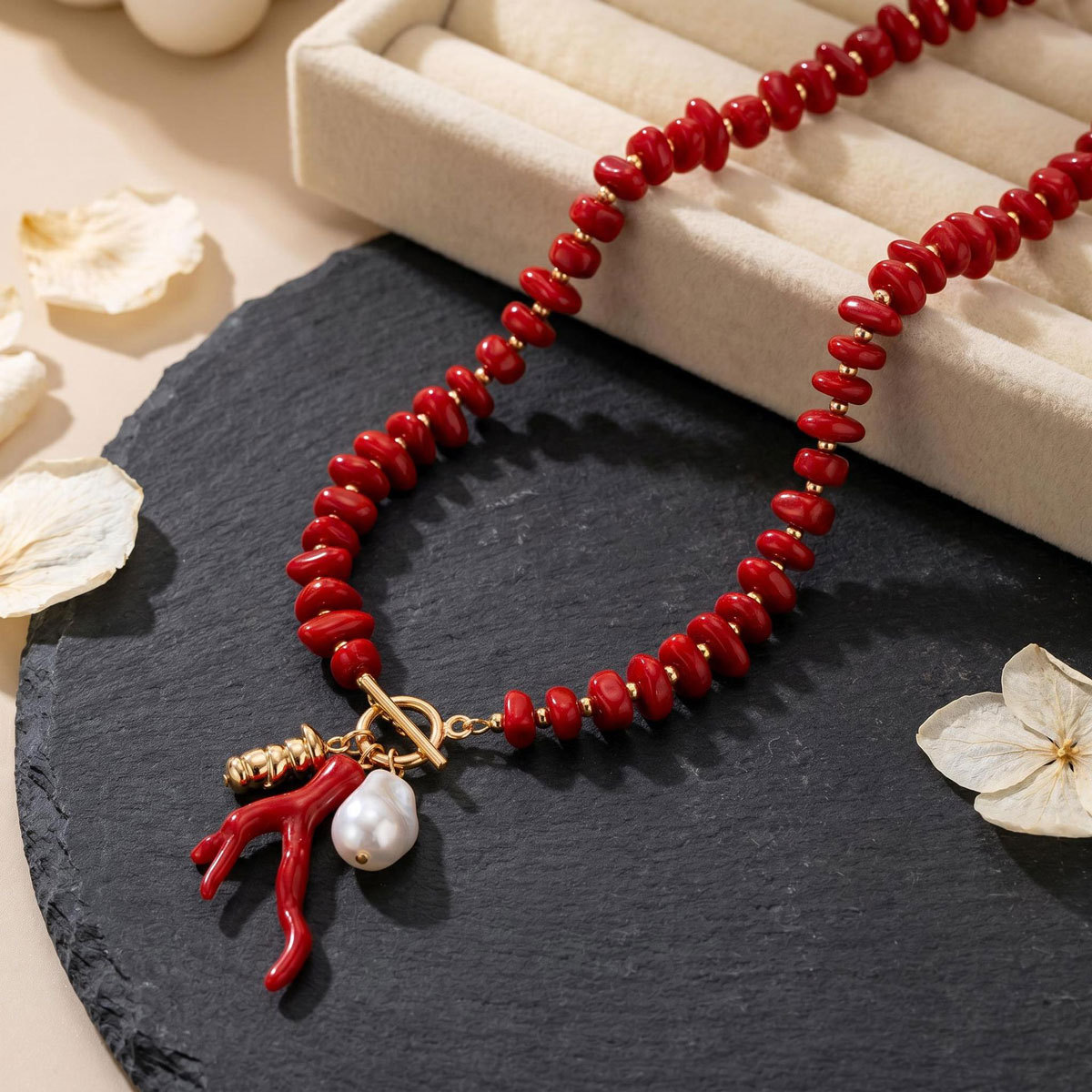 Coral Pendant Woven Necklace, picture 2 of 4