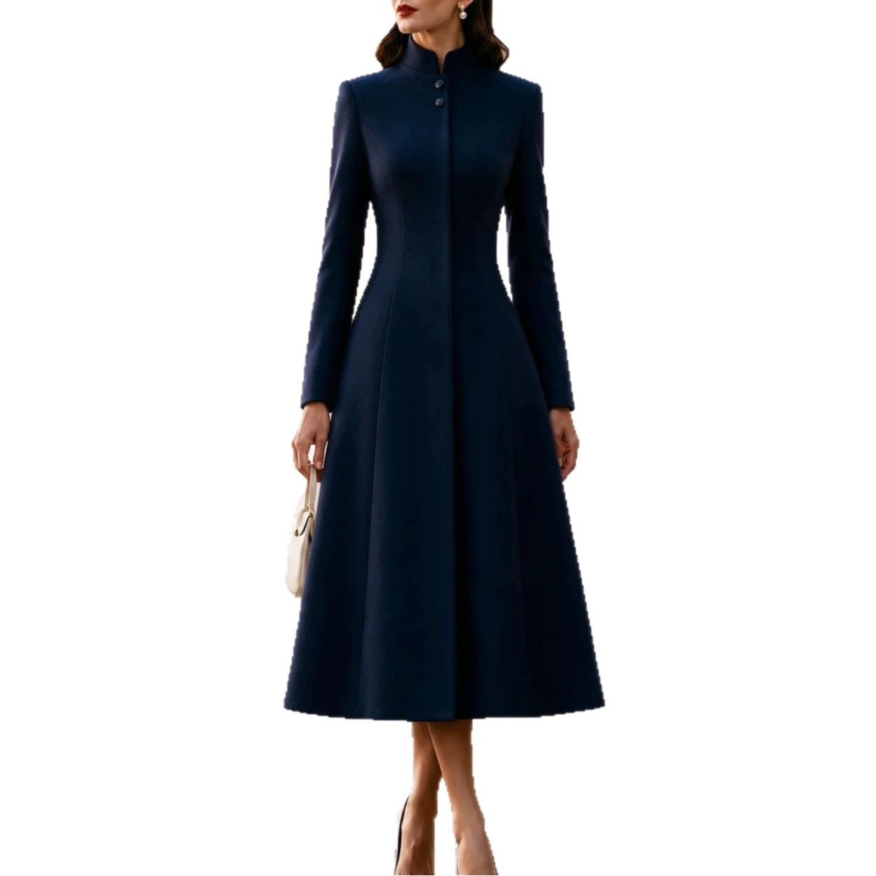2026 Fall Winter French-style Stand Collar Single-breasted Trench Coat Dress, Cinched Waist, A-line Flare, Elegant Women's Wear