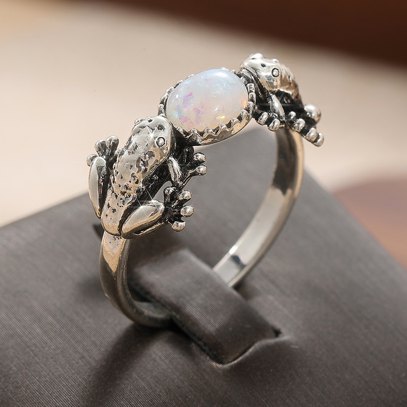 Vintage Frog Iridescent Stone Ring Silver Tone Brass Women Animal Statement Party Fashion Jewelry Artistic 2