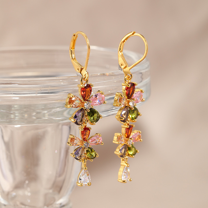 Pendants d'oreilles fleuris colorés en cristal Laiton Doré Femmes Multicolore Aqua Fête de Mariage Bijoux de Mode