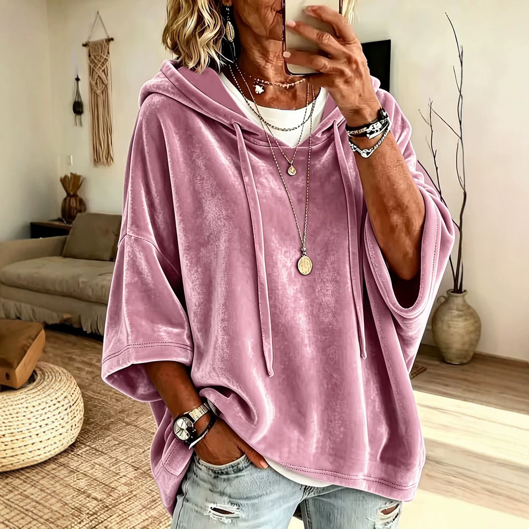New European And American Amazon Cross-Border Autumn Winter Women's Solid Color Casual Gold Velvet Hooded Sweatshirt Top — image 5 of 13