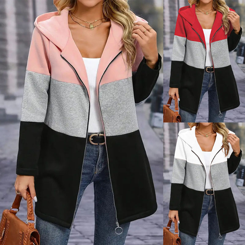 Autumn And Winter Women's Jackets Casual Fashion Loose Contrasting Three-Color Splicing Hooded Zipper Jacket Women's Clothing