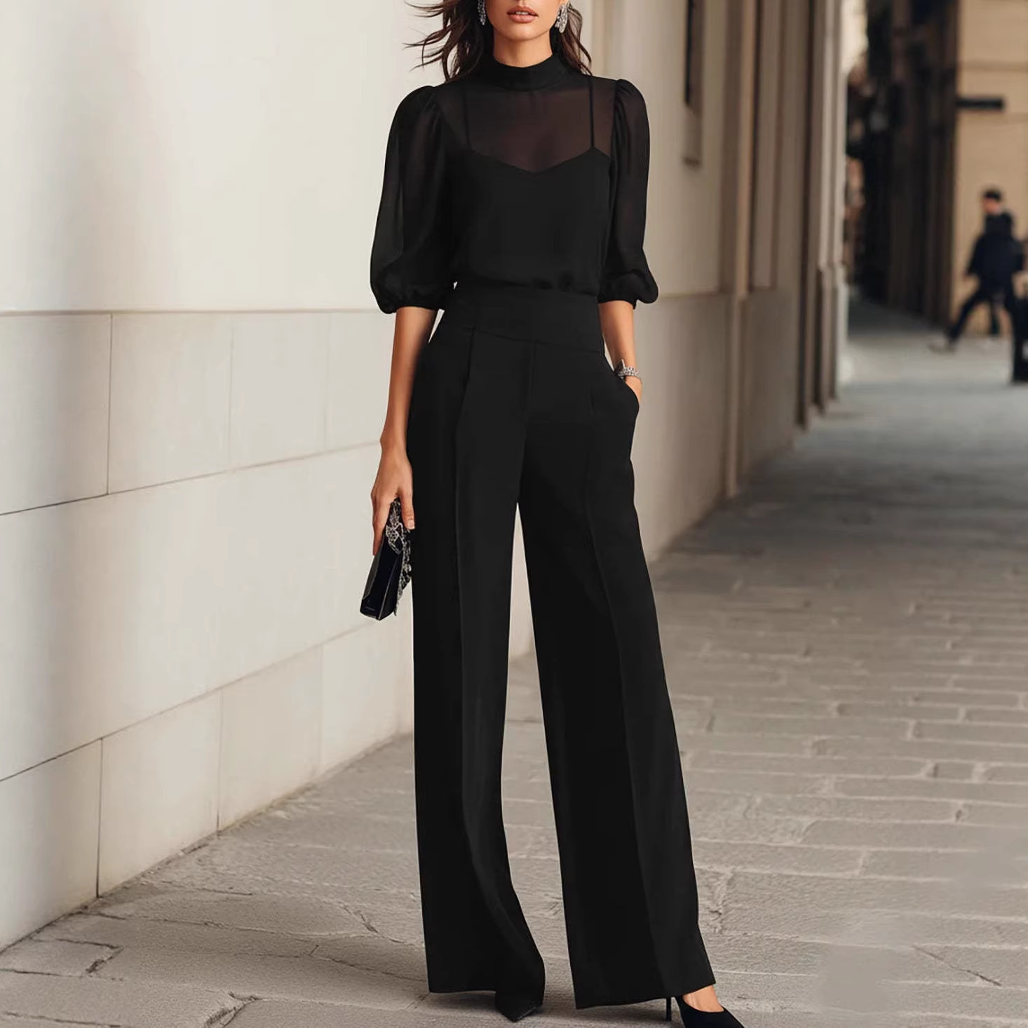European And American Cross-Border Fashion Set For Women New Summer Style Slimming Printed Short-Sleeve Wide-Leg Pants Three-Piece Set