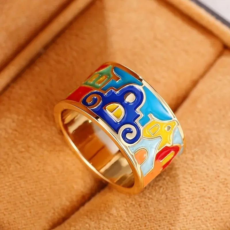 1. Inel din oțel inoxidabil cu bandă largă, emailat, de epocă, pentru femei, european american, multicolor, stil etnic, inel de deget personalizat, bijuterii