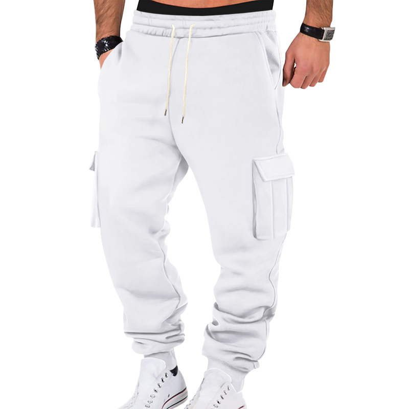 Cross-Border American Style Autumn And Winter Fleece Men's Casual Cargo Pants With Multiple Pockets And Drawstring In 11 Colors, Sports Casual Long Pants