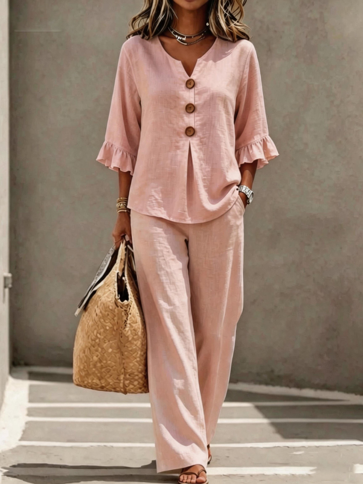 Women's two-piece set – pink colorway brunch outfit with ruffle top