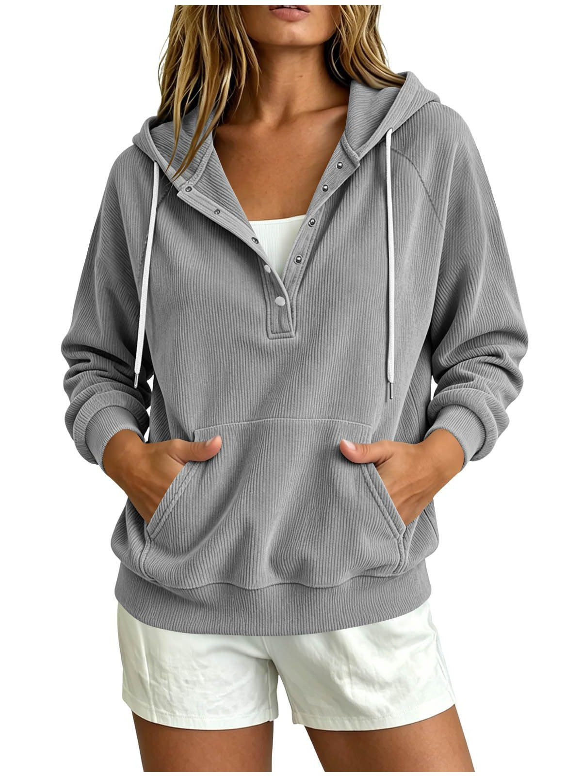 2026 Autumn New Style European Women's Dressy Corduroy Hooded Sweatshirt With Half-Closed Button And Drawstring Loose Top For Women