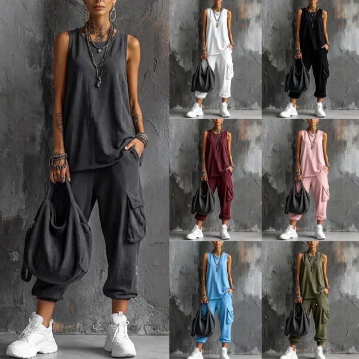 Casual Round Neck Knitted Vest Cropped Trousers