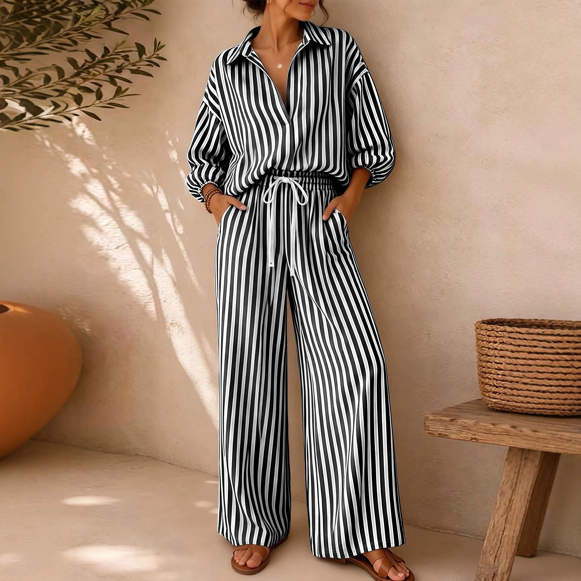 Summer New European And American Cross-Border Foreign Trade Supply Striped Three-Quarter Sleeve Collared Top And Straight-Leg Pants Women's Set