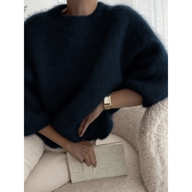 European And American Style Cross Border 2026 Spring Summer New Versatile Lazy Style Solid Color Loose Comfortable Casual Plush Sweater For Women