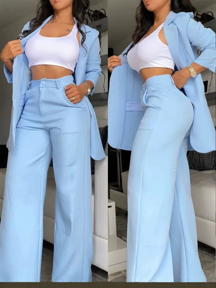 Cross-Border 2025 European And American Foreign Trade Summer Women's Clothing Elegant Solid Color Split-Sleeve Lapel Blazer Straight-Leg Pants Suit For Women