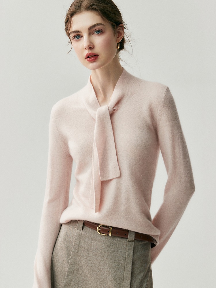 Tie-Neck Cashmere Blend Pullover Knit Sweater