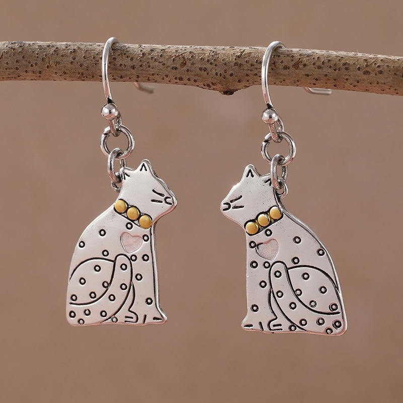 Cute Cat Drop Earrings Silver Tone Brass Women Pet Daily Party Fashion Jewelry Whimsical Elegant