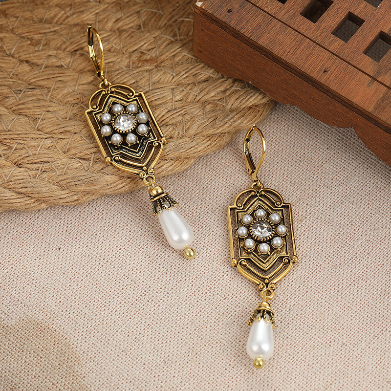 Vintage Geometric Pearl Blue Drop Earrings Gold