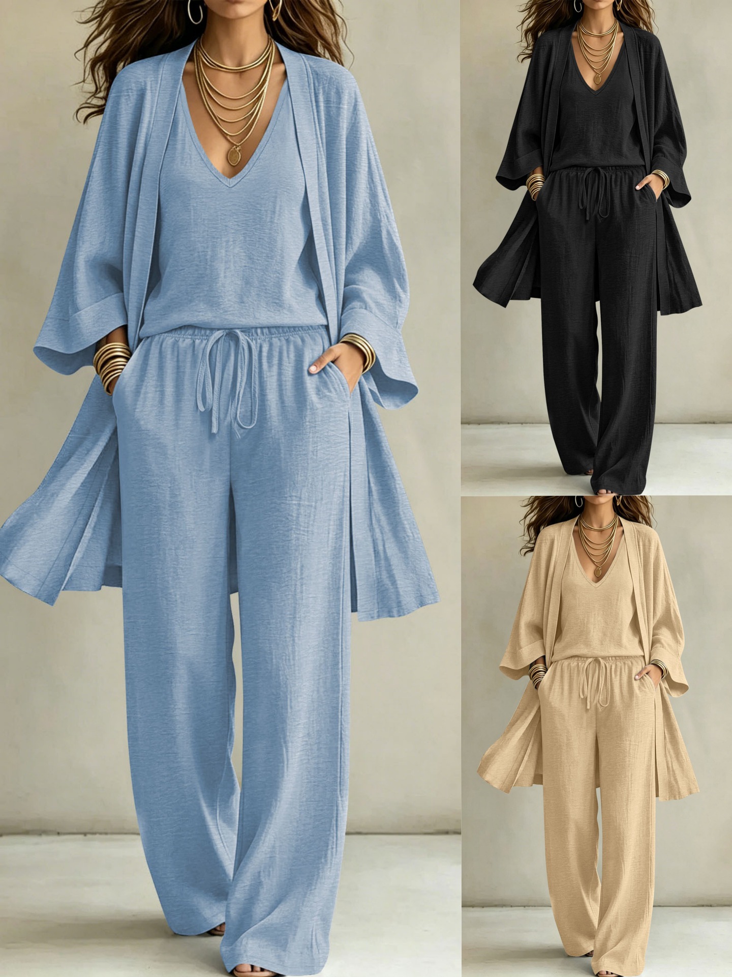 New Autumn And Winter Plus Size Women's Three-Piece Set European And American Women's Outfit With V-Neck Tank Top And Drawstring Trousers